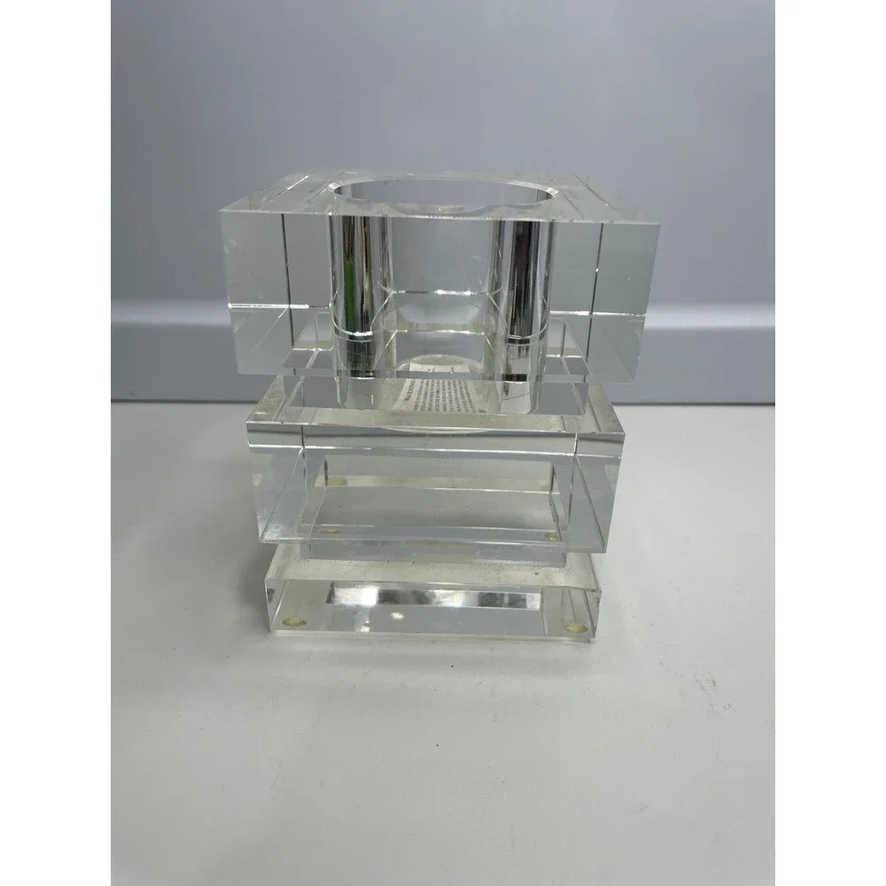 heavy mcm style WILLIAMS-SONOMA CLEAR CRYSTAL BLOCK square CANDLE HOLDER